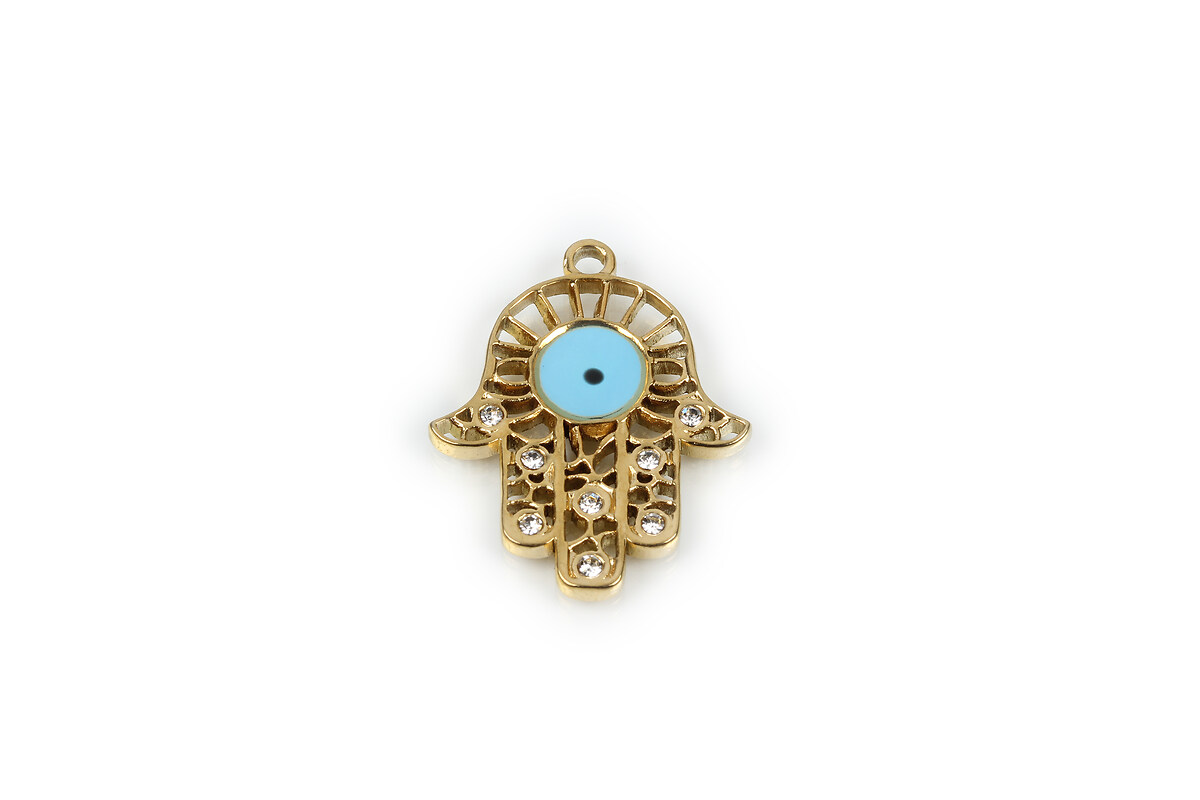 Pandantiv otel inoxidabil 304, auriu, mana Hamsa cu strasuri cristal si evil eye emailat, 25x20mm