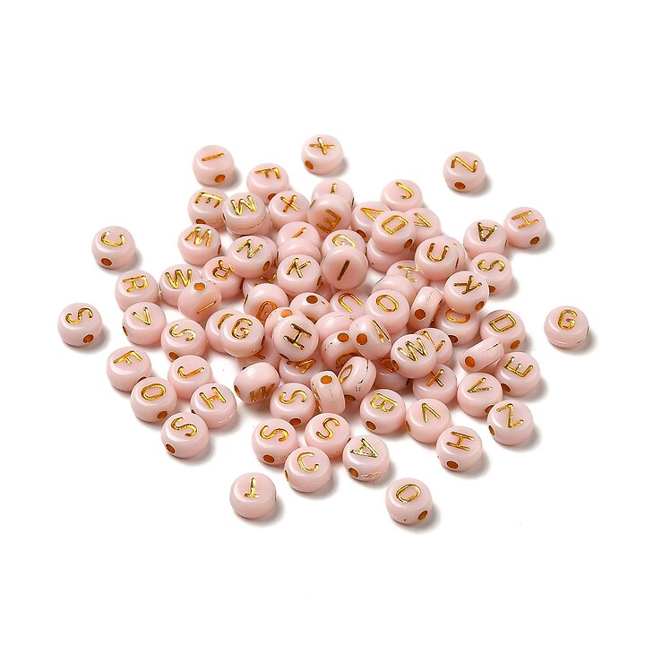 Margele cu litere din plastic, plate, 6,5-7mm, 100 buc, roz cu litere aurii