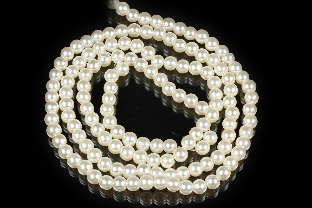 Sirag perle de sticla lucioase, sfere 6mm - alb crem (aprox. 145 buc.)