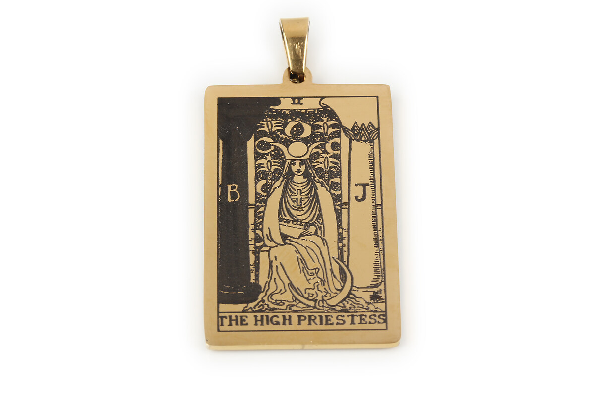 Pandantiv otel inoxidabil 304, auriu, Tarot, 40x24mm - The High Priestess II