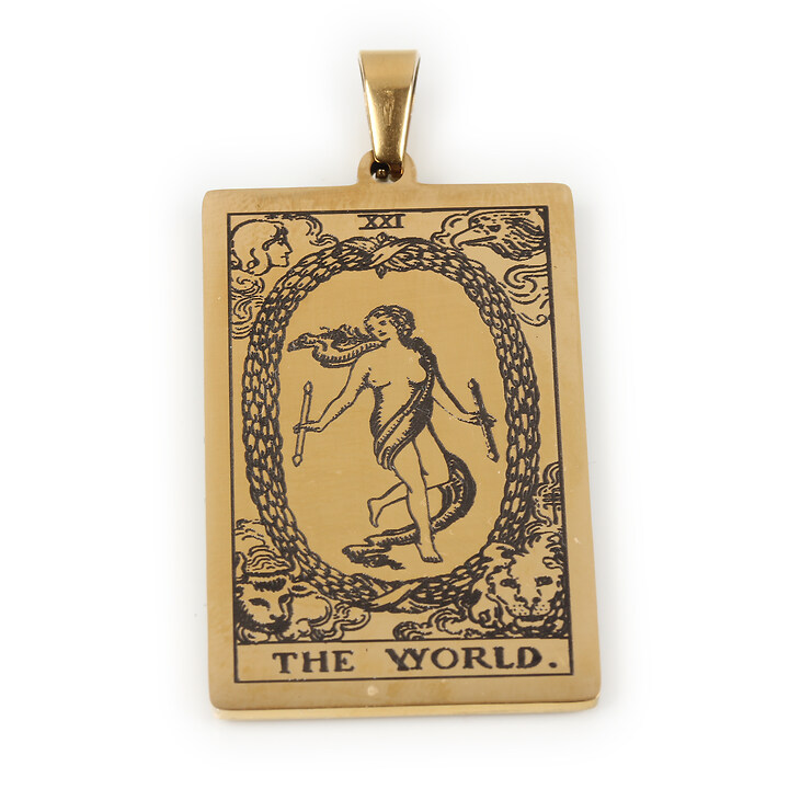 Pandantiv otel inoxidabil 304, auriu, Tarot, 40x24mm - The World XXI
