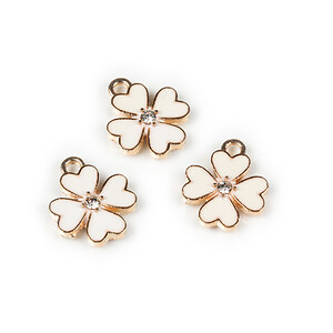 Pandantiv auriu cu email alb si stras alb, trifoi 15,5x13mm