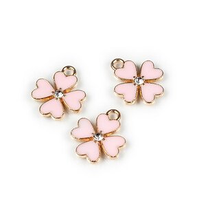 Pandantiv auriu cu email roz si stras alb, trifoi 15,5x13mm