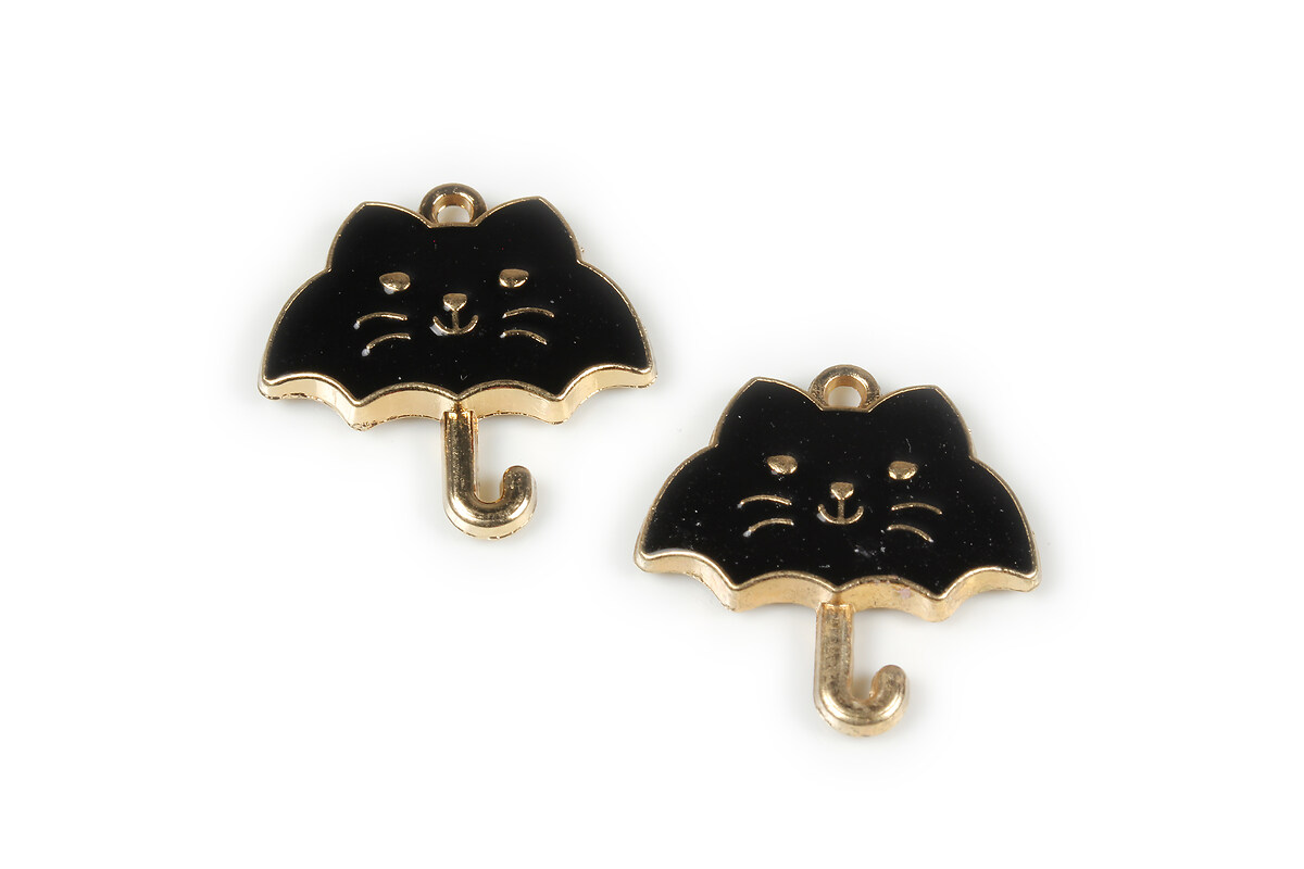 Pandantiv auriu cu email negru, umbrela pisica 24x23mm
