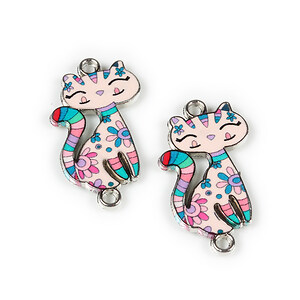 Link argintiu inchis cu email printat pastel, pisica 29,5x16,5mm