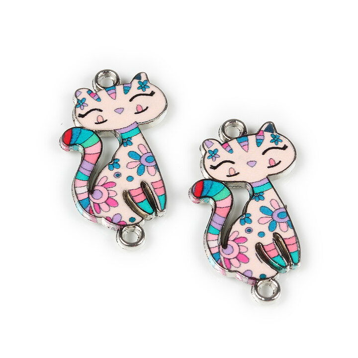 Link argintiu inchis cu email printat pastel, pisica 29,5x16,5mm