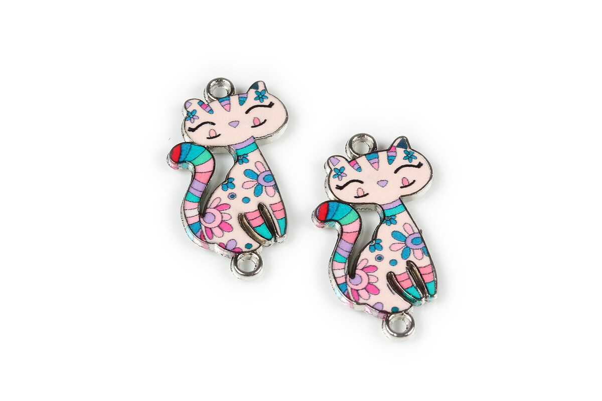 Link argintiu inchis cu email printat pastel, pisica 29,5x16,5mm