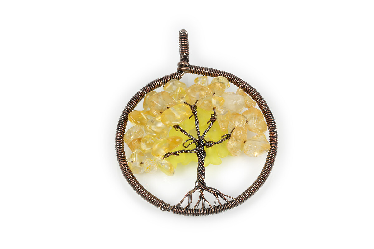 Pandantiv copacul vietii cupru cu chipsuri citrine si flori acrilice galbene 59x47mm