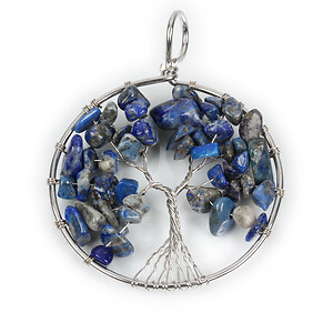 Pandantiv copacul vietii argintiu inchis si chipsuri lapis lazuli 64x50x8mm
