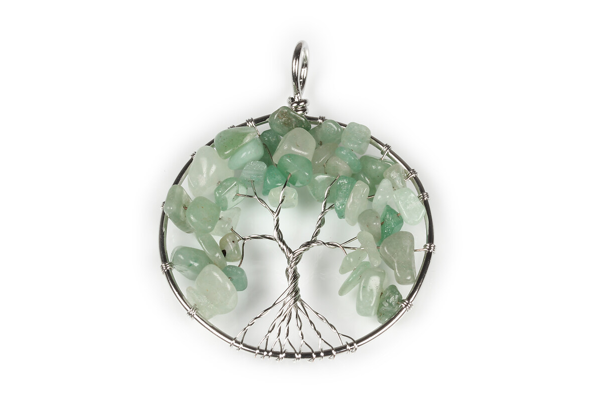 Pandantiv copacul vietii argintiu inchis si chipsuri aventurin verde 64x50x8mm