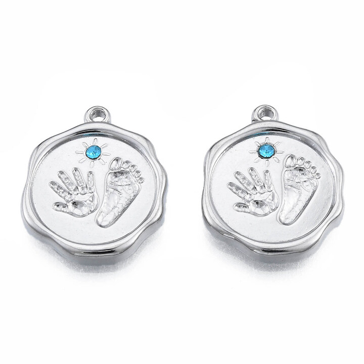 Charm otel inoxidabil 304, palma, talpa si soare cu stras albastru - 19x15,5x2,5mm