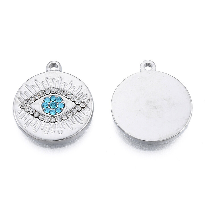 Charm otel inoxidabil 304, ochi cu strasuri albe si albastre - 21x18x2,5mm
