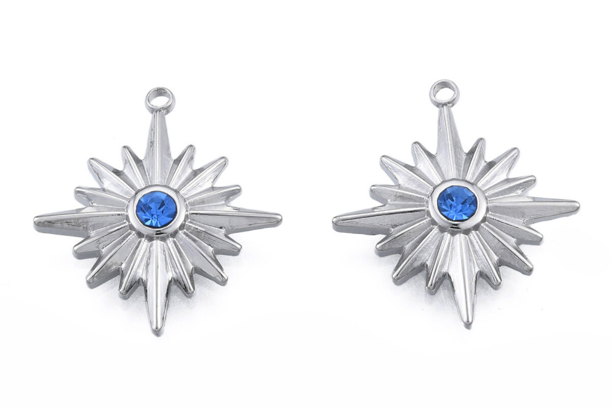 Charm otel inoxidabil 304, stea cu stras albastru - 21,5x19x3,5mm