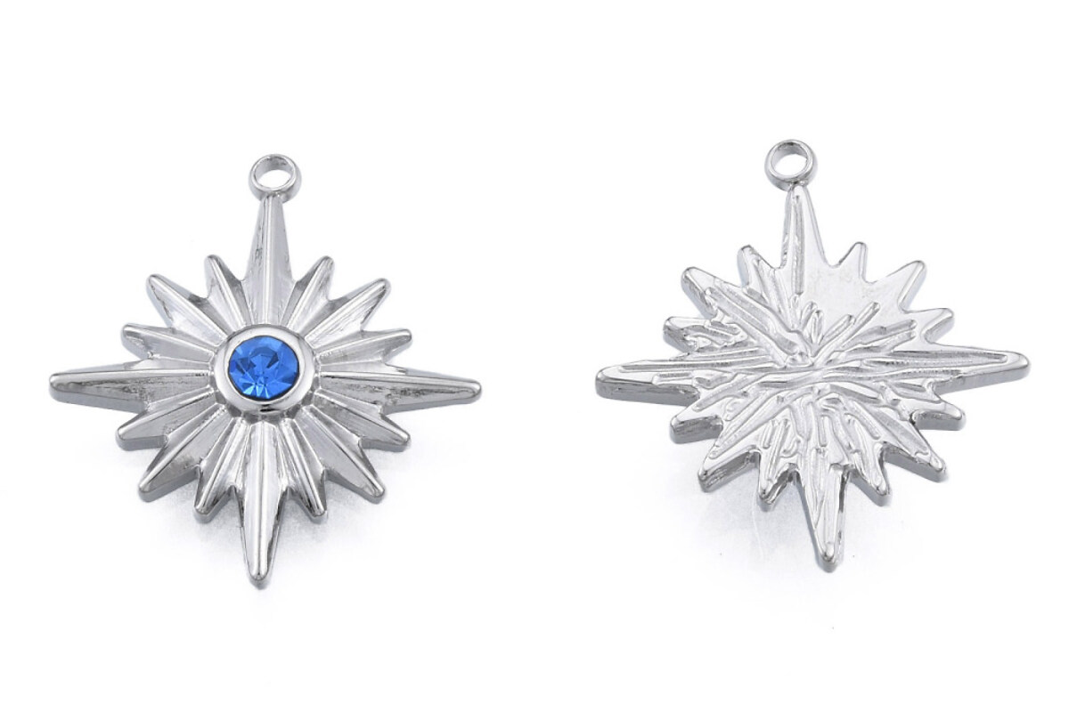Charm otel inoxidabil 304, stea cu stras albastru - 21,5x19x3,5mm