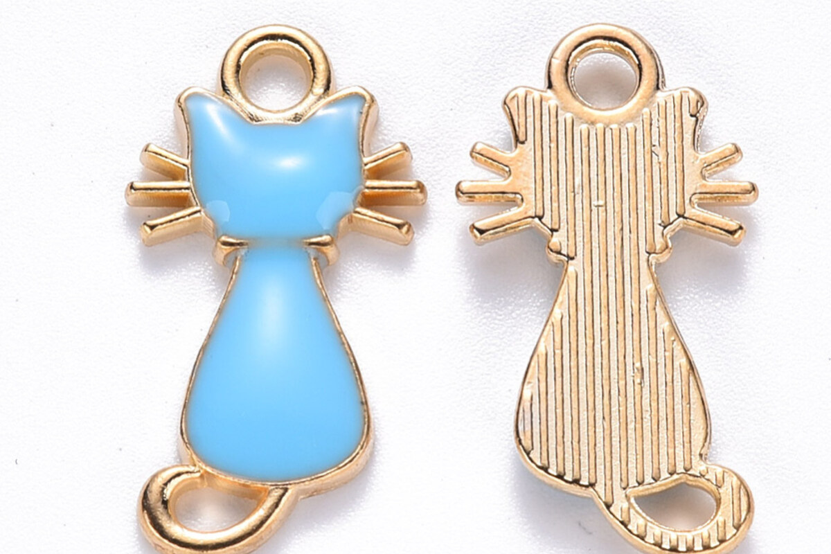 Charm auriu cu email albastru, pisica 22x12x2,5mm