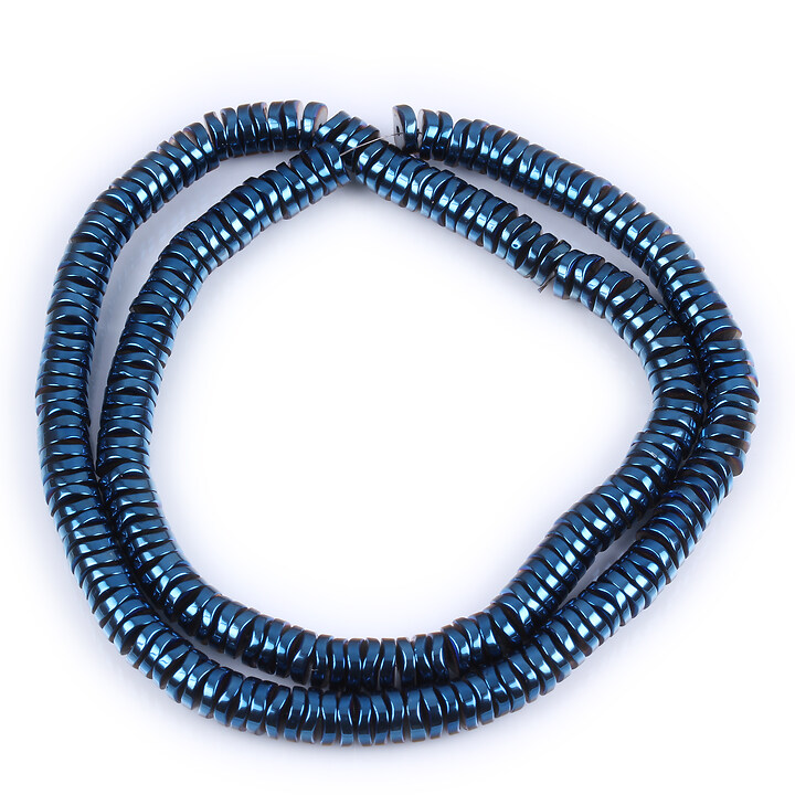 Margele hematit rondele ondulate, electroplacat albastru, 6x6,5x1,5-2mm (sirag)