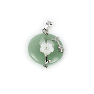 Pandantiv aventurin verde si floare sidef in montura argintiu inchis 35x28mm