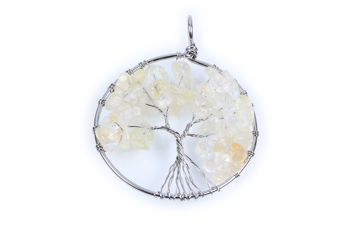 Pandantiv copacul vietii argintiu inchis si chipsuri citrine 64x50x8mm