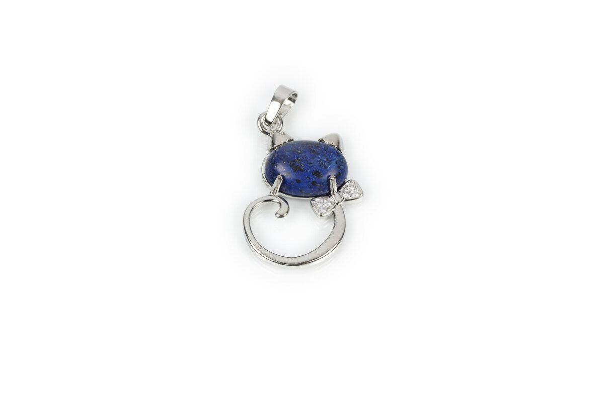 Pandantiv pisica argintiu inchis si cabochon lapis lazuli si strasuri cristal 32x25mm