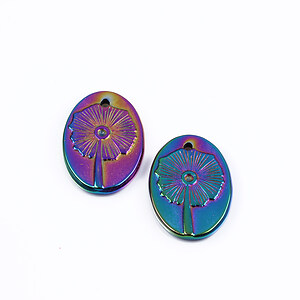 Charm otel inoxidabil 304 electroplacat multicolor, oval cu papadie 20x14x2mm