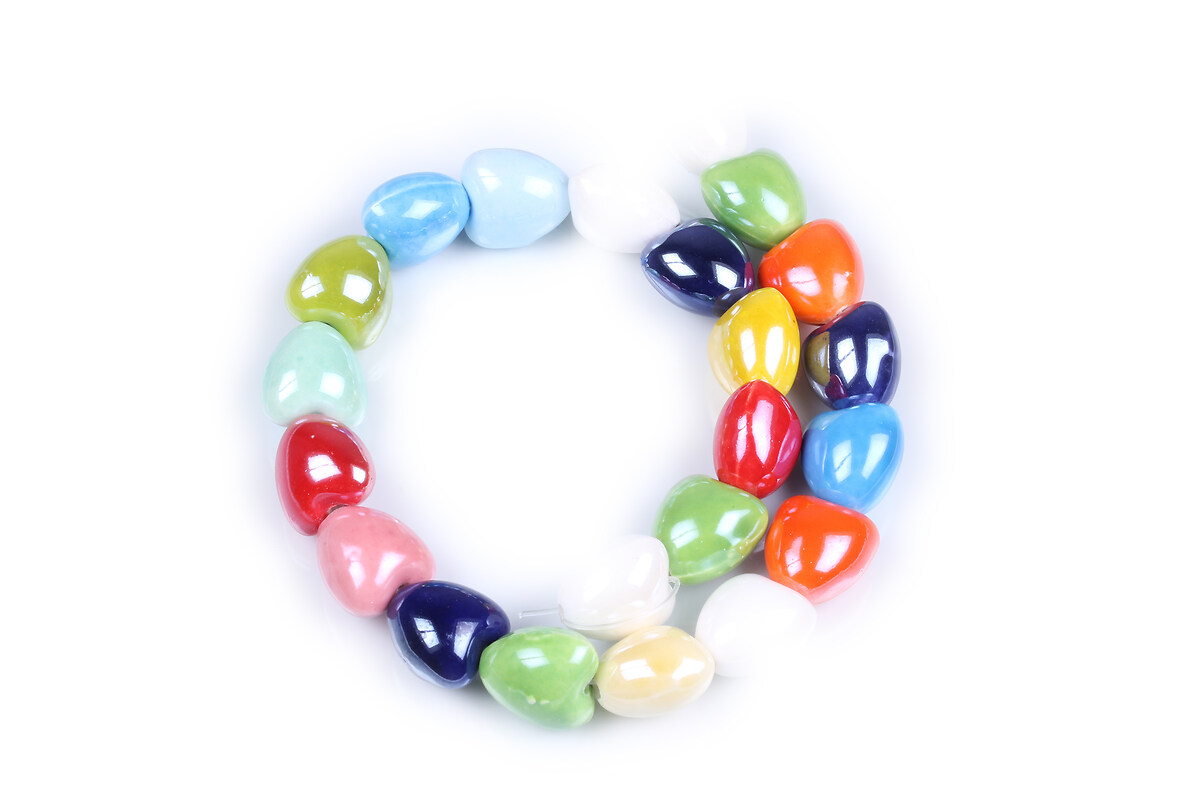 Margele de portelan lucios inima 13x12mm cu orificiul mare (1,5mm) - multicolor