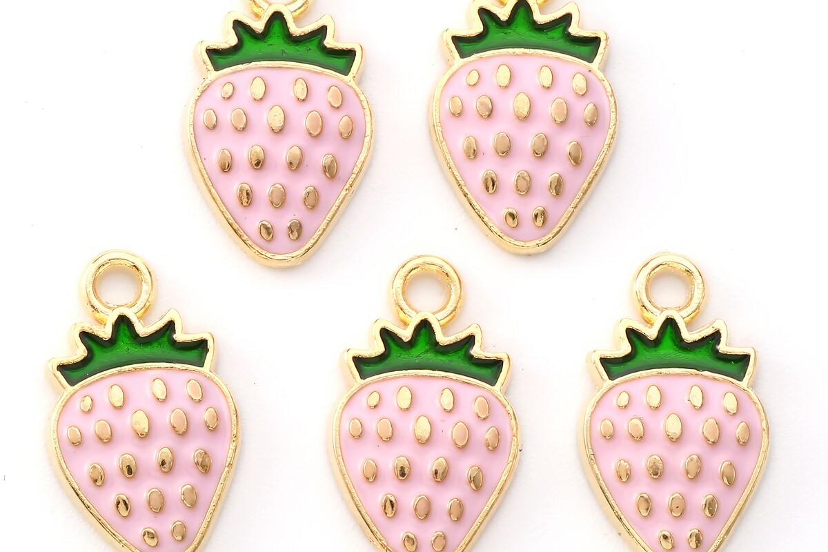 Charm auriu emailat capsuna roz 16,8x10x1,5mm