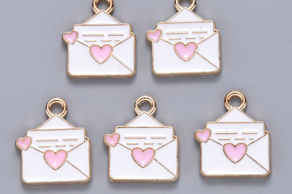 Charm auriu emailat plic cu inima roz 16x13x1,5mm