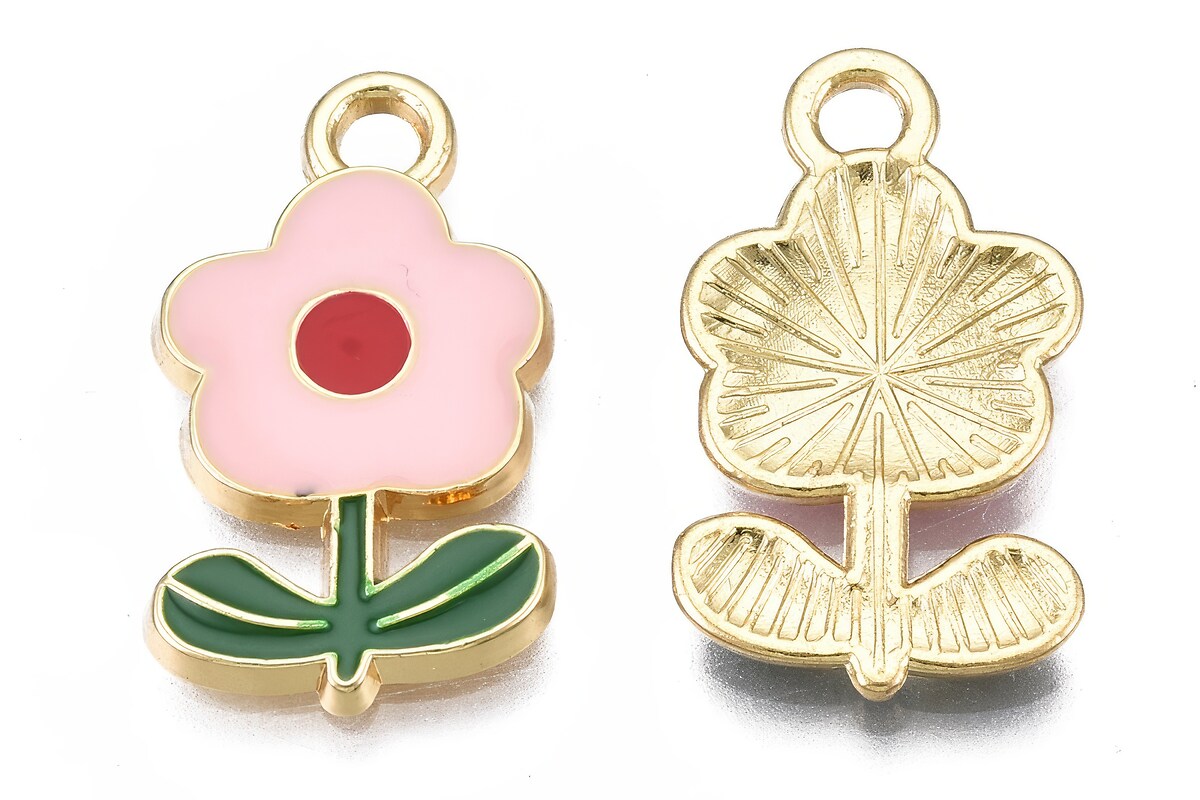 Charm auriu emailat floare roz 19,5x11x2,5mm