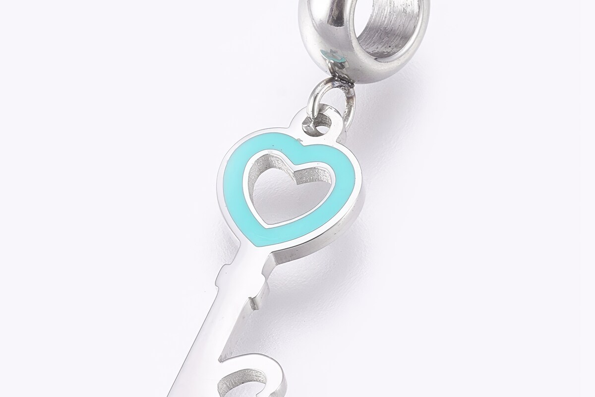 Charm cu email turcoaz pentru bratara, otel inoxidabil 304, cheie, lungime 30mm