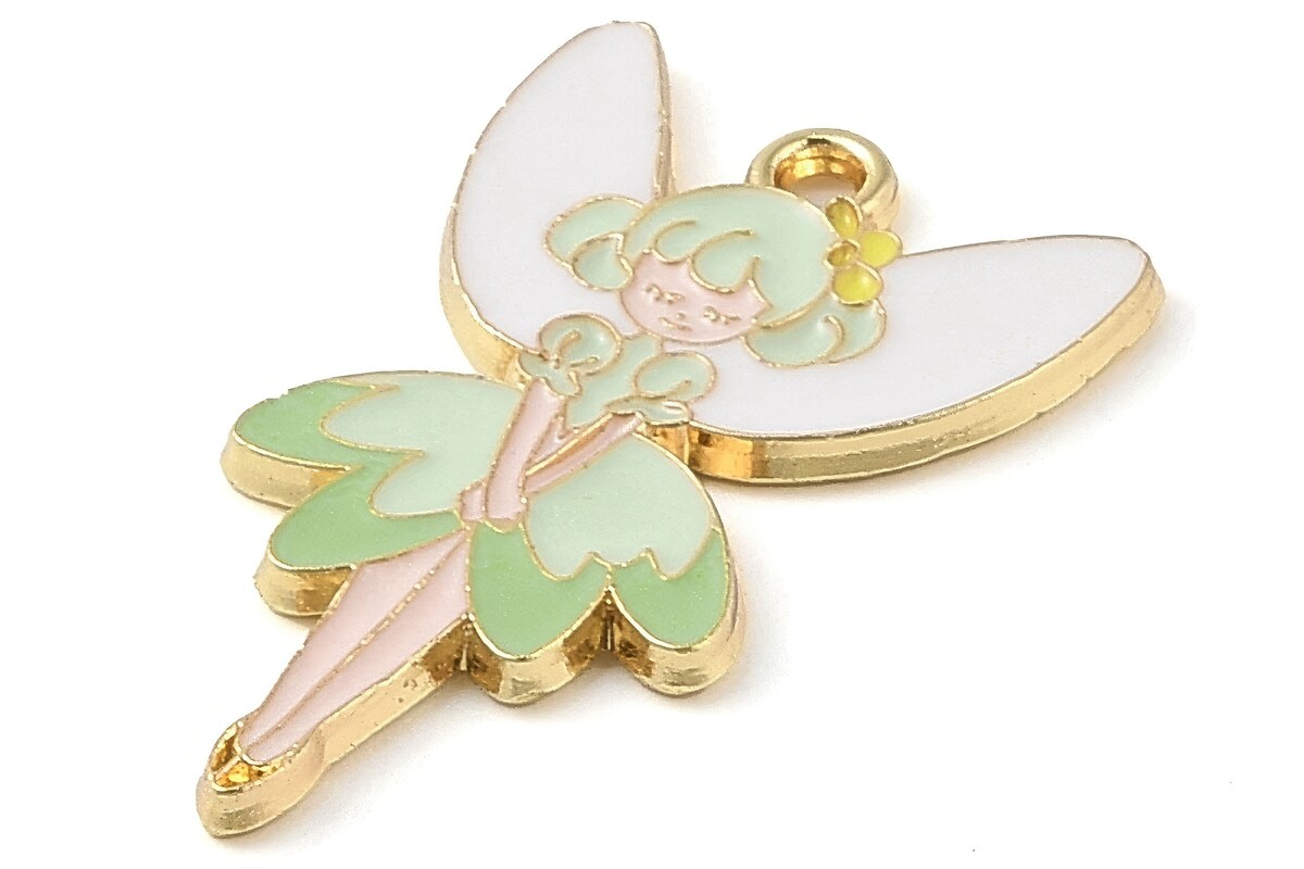 Charm auriu emailat zana Fairy in nuante de verde 30x19x1,5mm