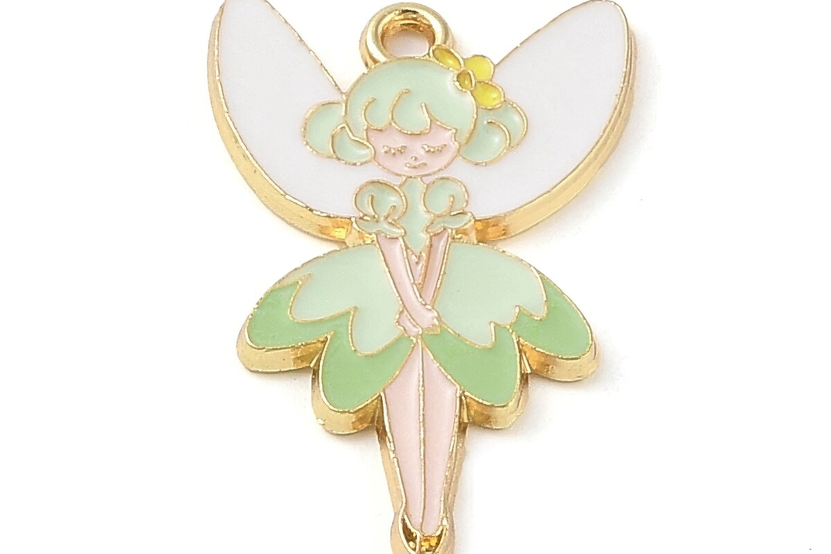 Charm auriu emailat zana Fairy in nuante de verde 30x19x1,5mm