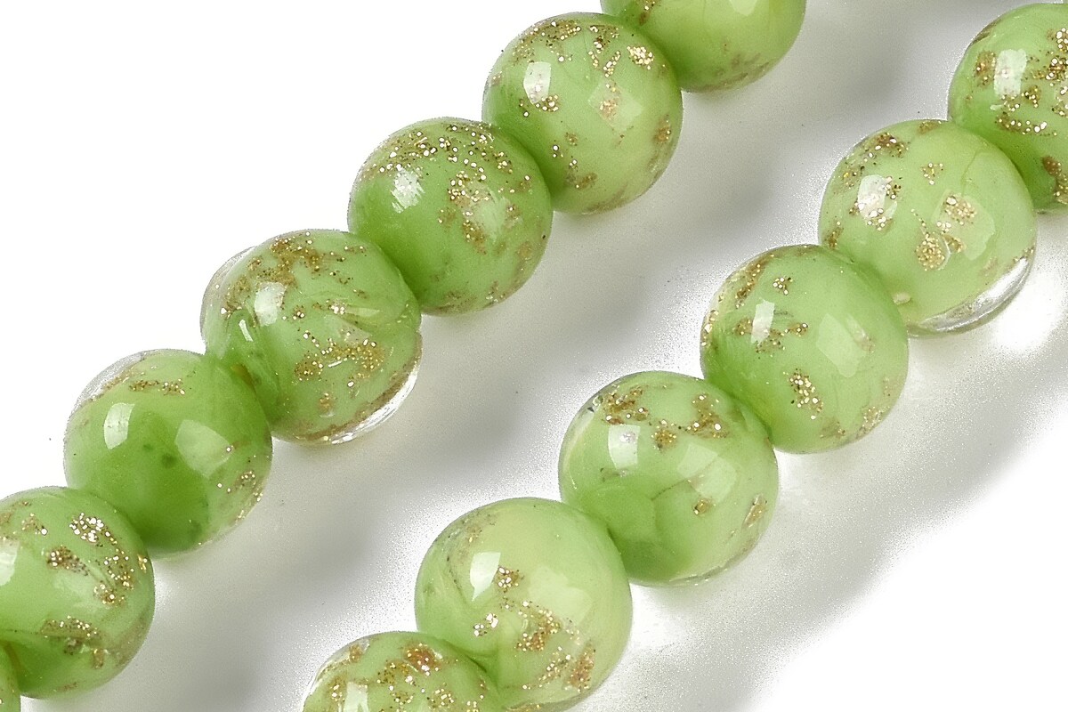 Sirag margele de sticla lampwork gold sand aprox. 8mm - verde cu foita aurie