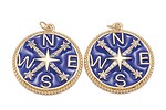Charm (pandantiv) placat auriu cu strasuri micro pave Cubic Zirconia cu email albastru - busola 28x25x3mm