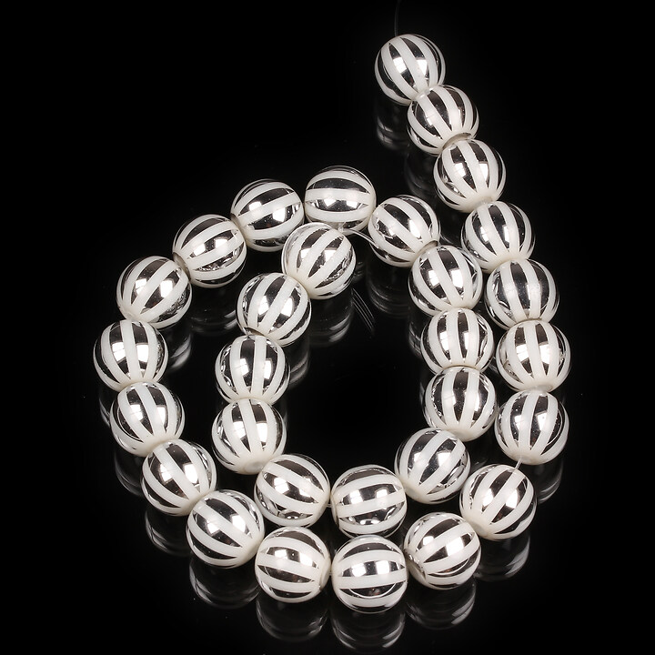 Sirag margele de sticla rotunde cu linii electroplacate 10mm - alb placat argintiu