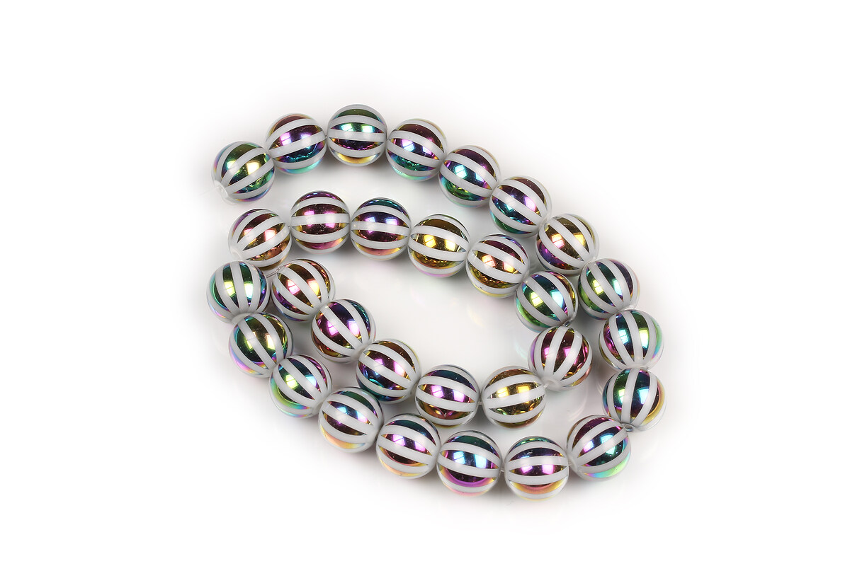Sirag margele de sticla rotunde cu linii electroplacate 10mm - alb placat multicolor