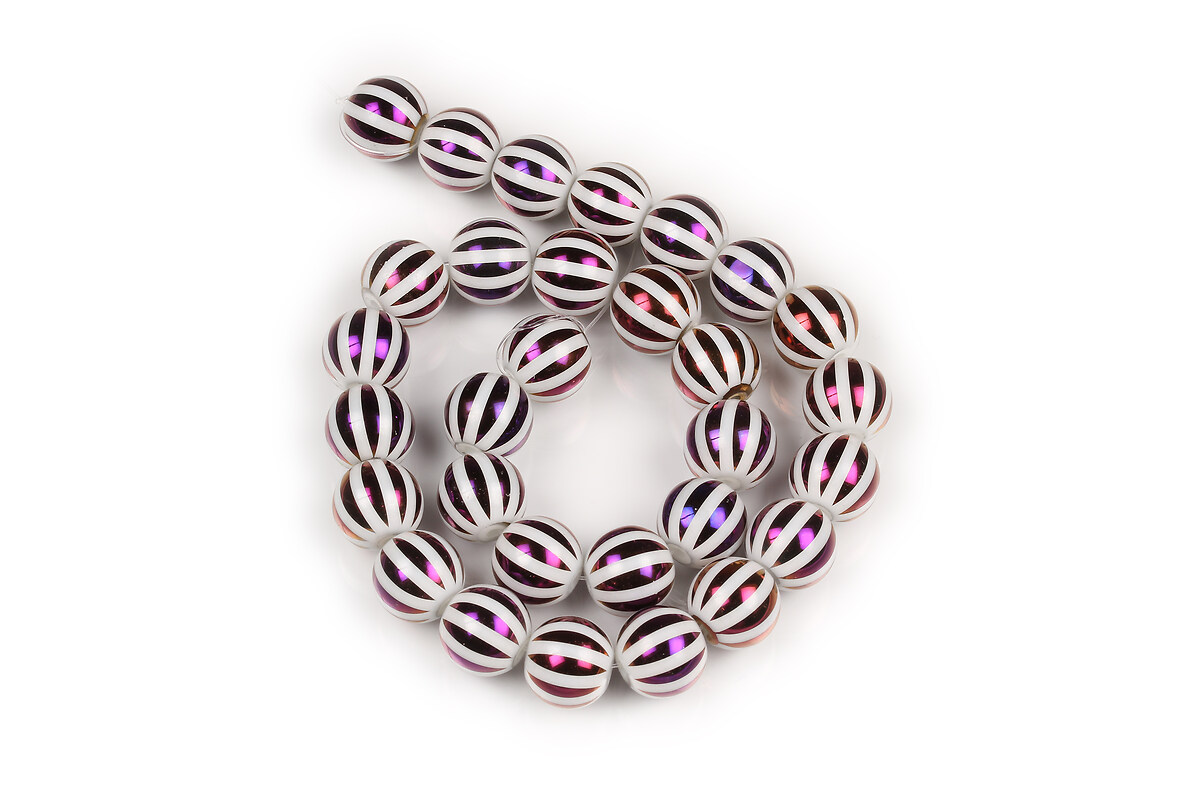 Sirag margele de sticla rotunde cu linii electroplacate 10mm - alb placat magenta