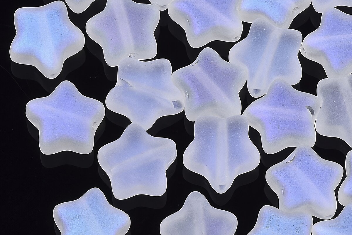 Margele de sticla placate cu efect aureola boreala, stea 8x8mm - alb frosted curcubeu
