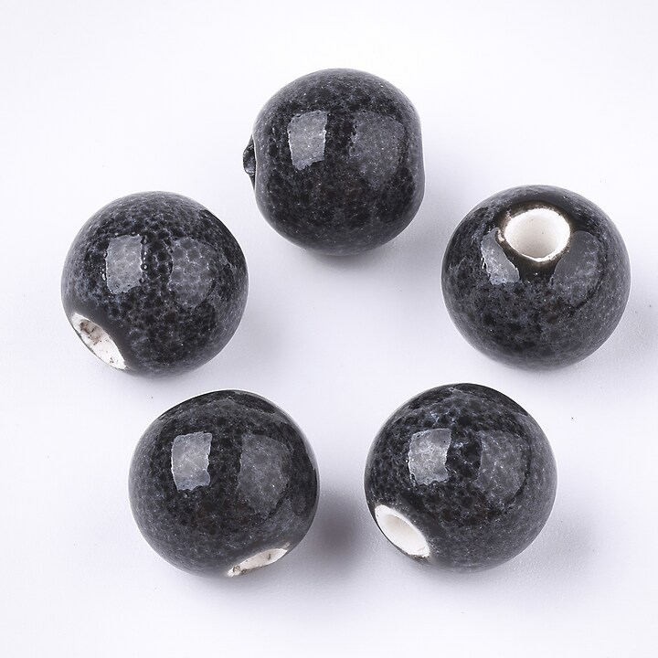 Margele de portelan Antique Glazed sfere 11mm cu orificiul mare (2,5mm) - negru