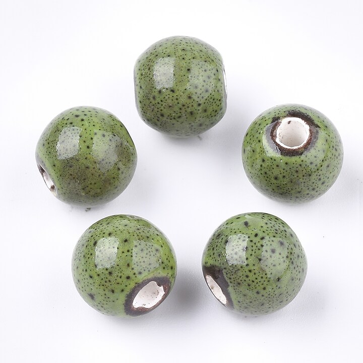 Margele de portelan Antique Glazed sfere 11mm cu orificiul mare (2,5mm) - verde