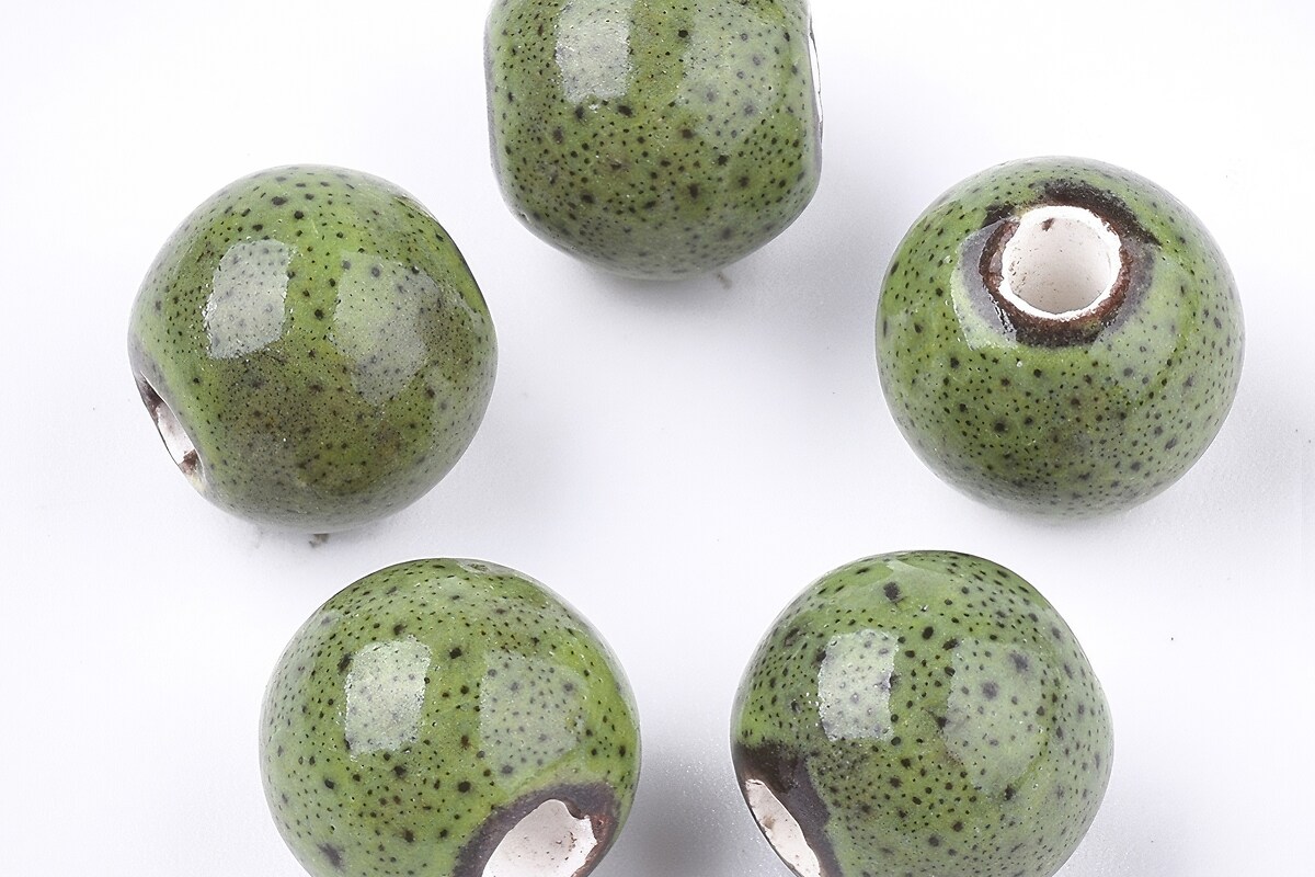 Margele de portelan Antique Glazed sfere 11mm cu orificiul mare (2,5mm) - verde