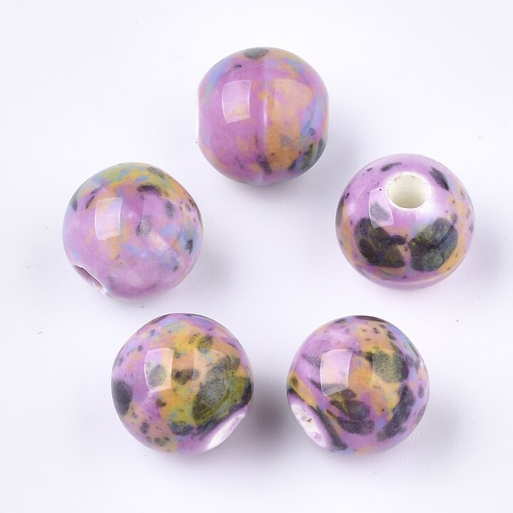 Margele de portelan Antique Glazed sfere 10mm cu orificiul mare (2,5mm) - roz