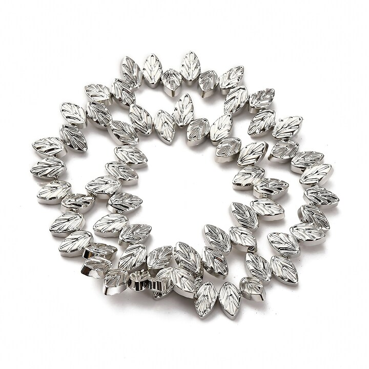 Sirag margele de sticla electroplacate frunza aprox. 7x11,5x4,5mm - argintiu platinat