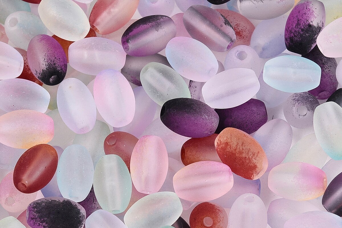 Margele de sticla frosted in doua culori, ovale 6,5x4-4,5mm - culori mix (10 grame)