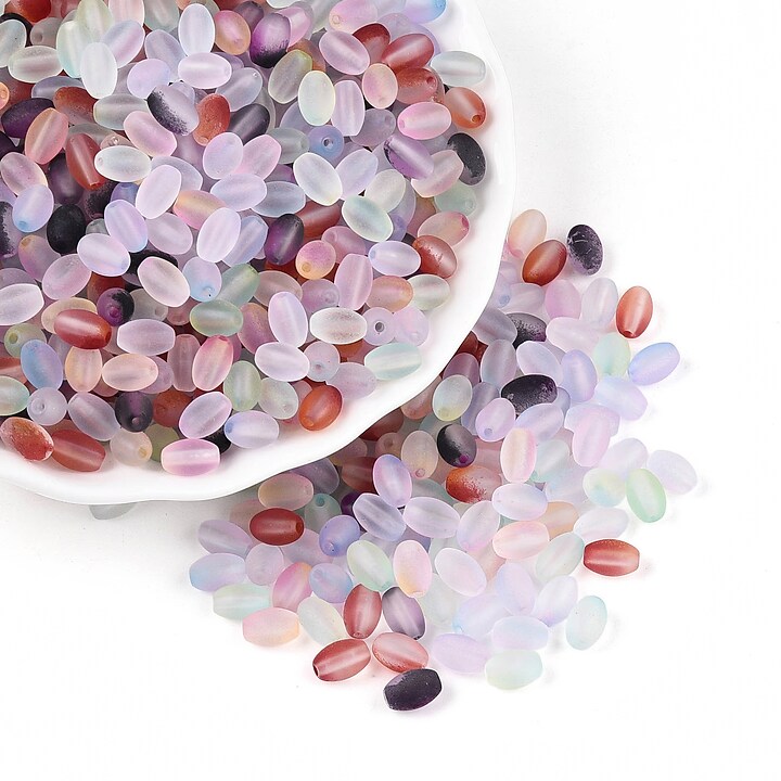 Margele de sticla frosted in doua culori, ovale 6,5x4-4,5mm - culori mix (10 grame)