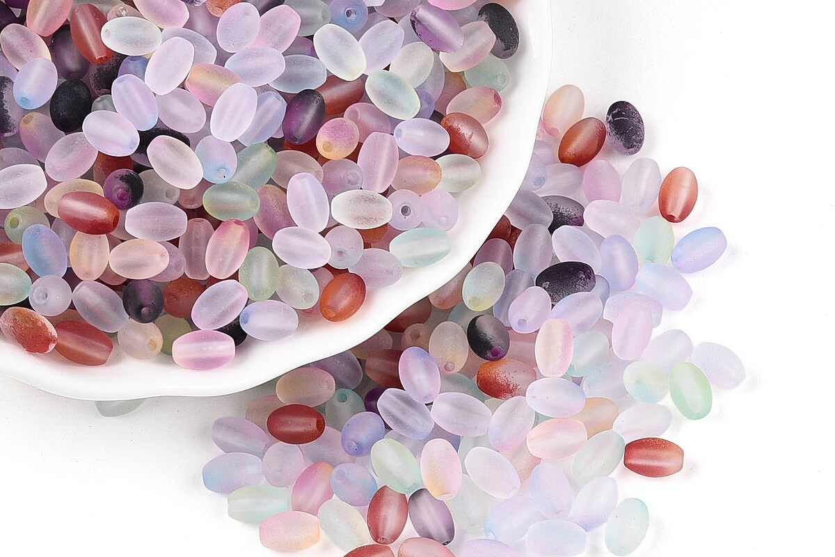 Margele de sticla frosted in doua culori, ovale 6,5x4-4,5mm - culori mix (10 grame)
