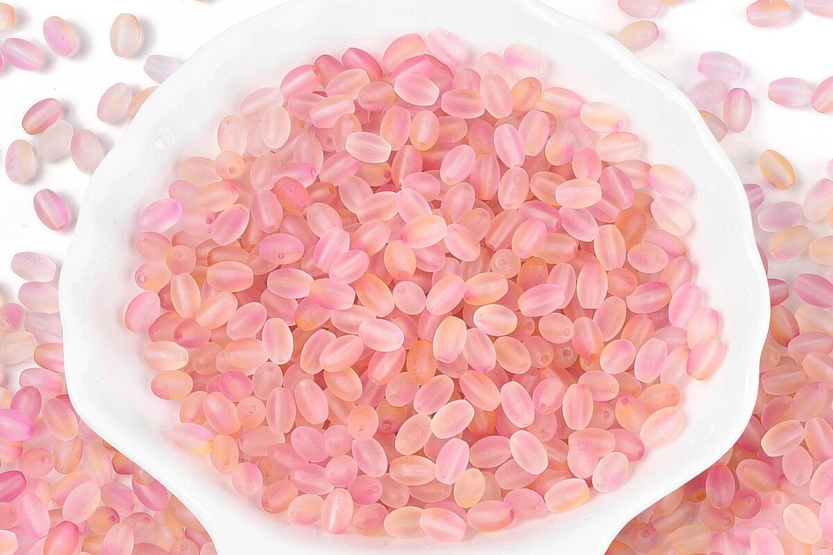 Margele de sticla frosted in doua culori, ovale 6,5x4-4,5mm - pink (10 grame)
