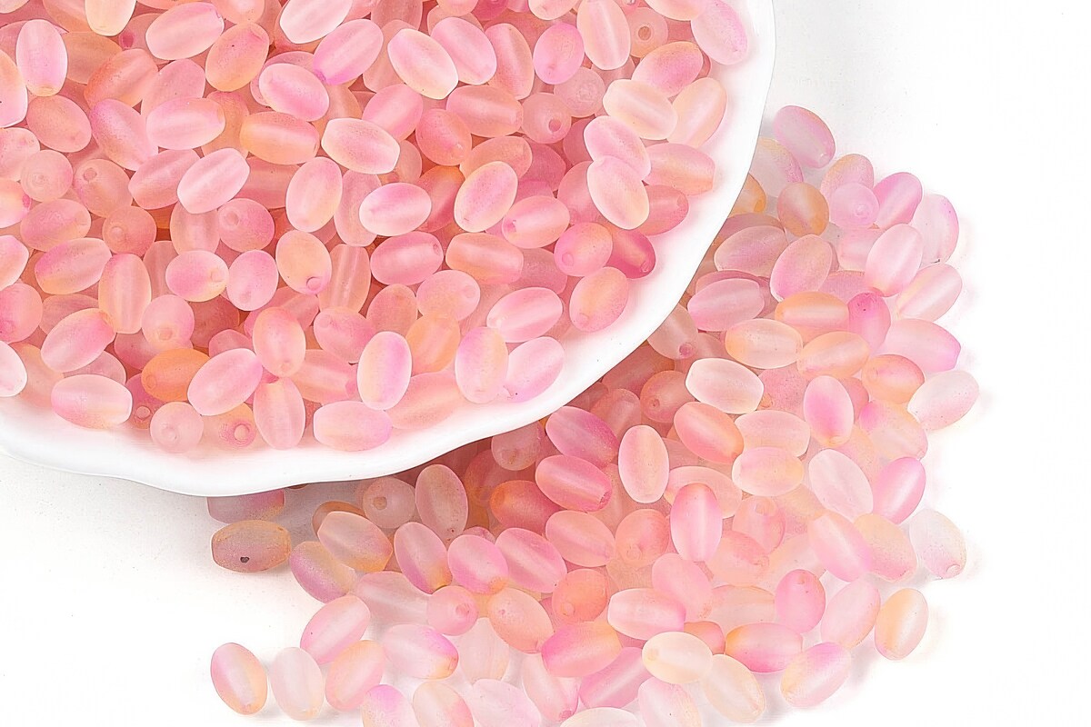 Margele de sticla frosted in doua culori, ovale 6,5x4-4,5mm - pink (10 grame)