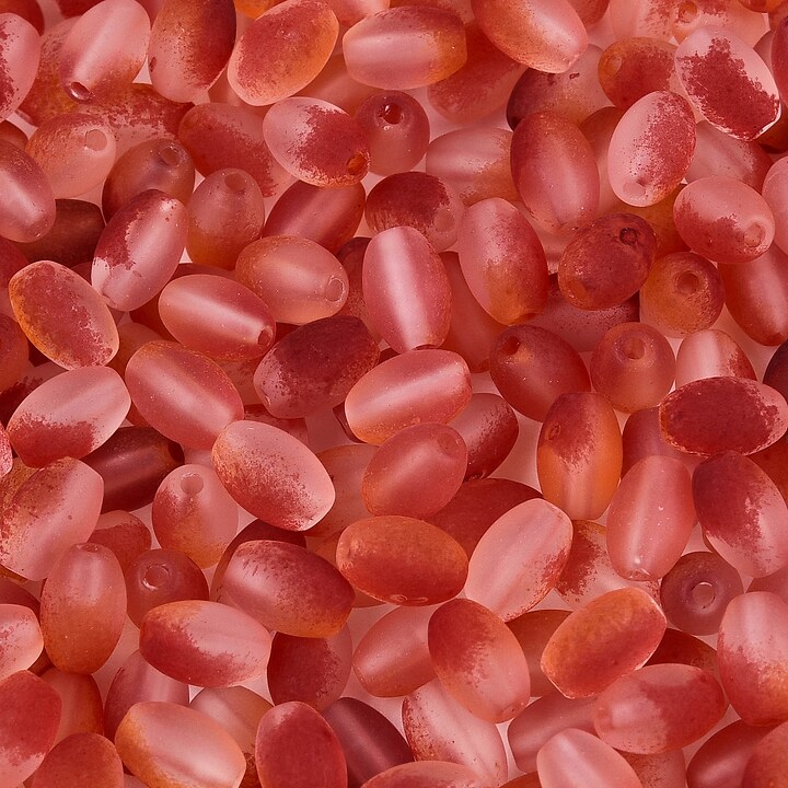 Margele de sticla frosted in doua culori, ovale 6,5x4-4,5mm - rosu fire brick (10 grame)