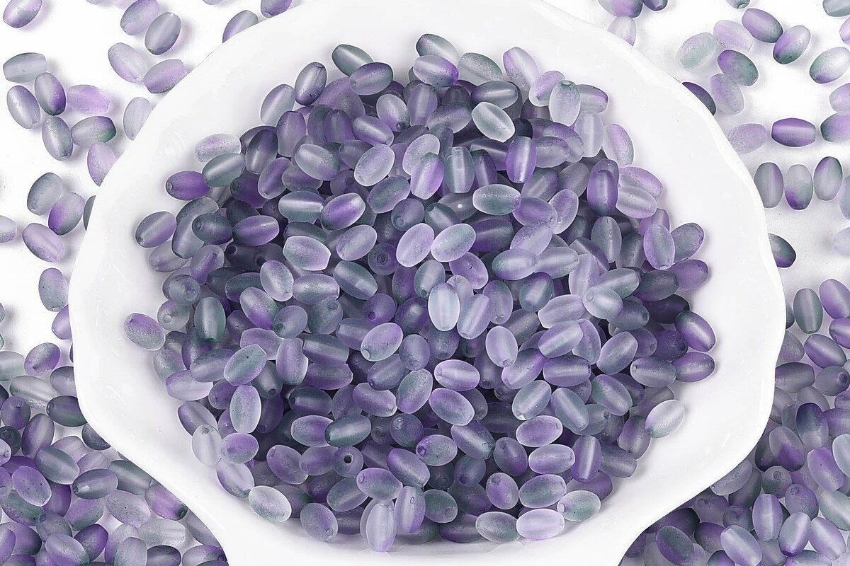 Margele de sticla frosted in doua culori, ovale 6,5x4-4,5mm - mov plum (10 grame)
