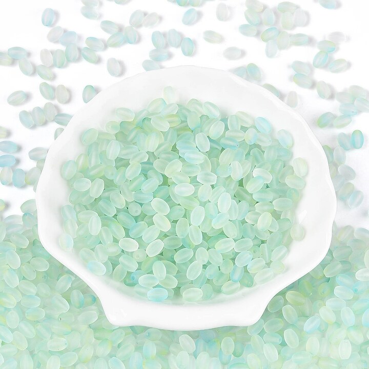 Margele de sticla frosted in doua culori, ovale 6,5x4-4,5mm - aquamarine (10 grame)